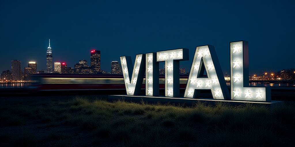 a large sign with stars on it in front of a city skyline at night with a train passing by, Évariste