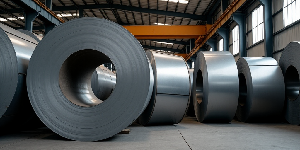 a large stack of steel rolls in a warehouse with a ceiling in the background and a few other rolls o