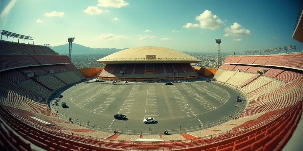 a large stadium with a large dome on top of it's roof and a parking lot below it, David Alfaro Sique
