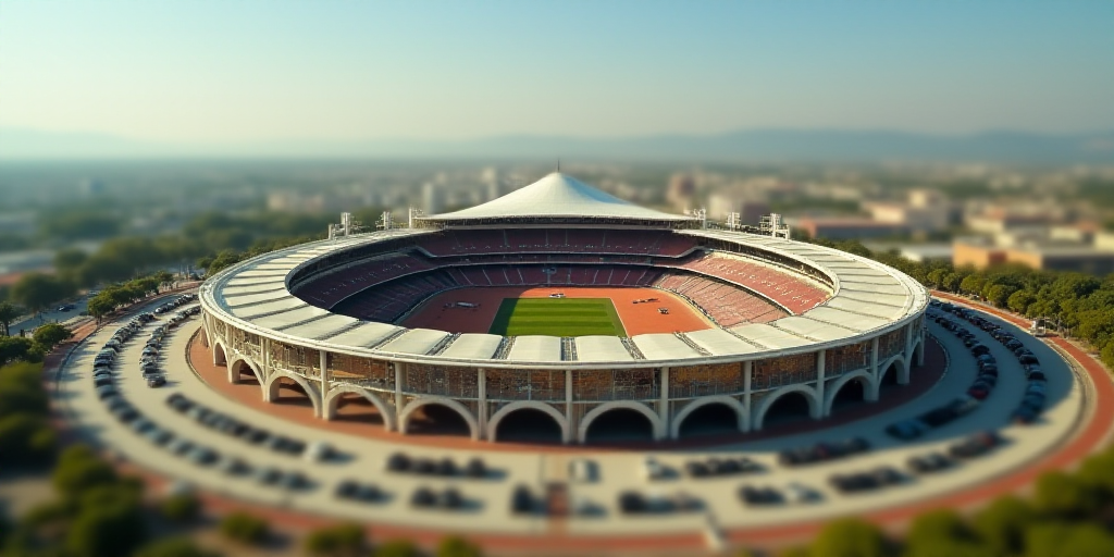 a large stadium with a large dome on top of it's roof and a parking lot below it, David Alfaro Sique