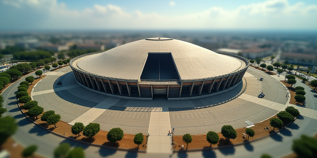 a large stadium with a large dome on top of it's roof and a parking lot below it, David Alfaro Sique