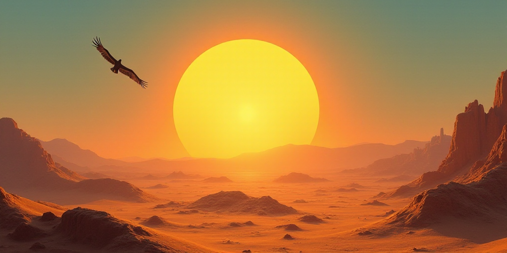 a large sun is in the distance over a desert landscape with a bird flying over it and a bird flying