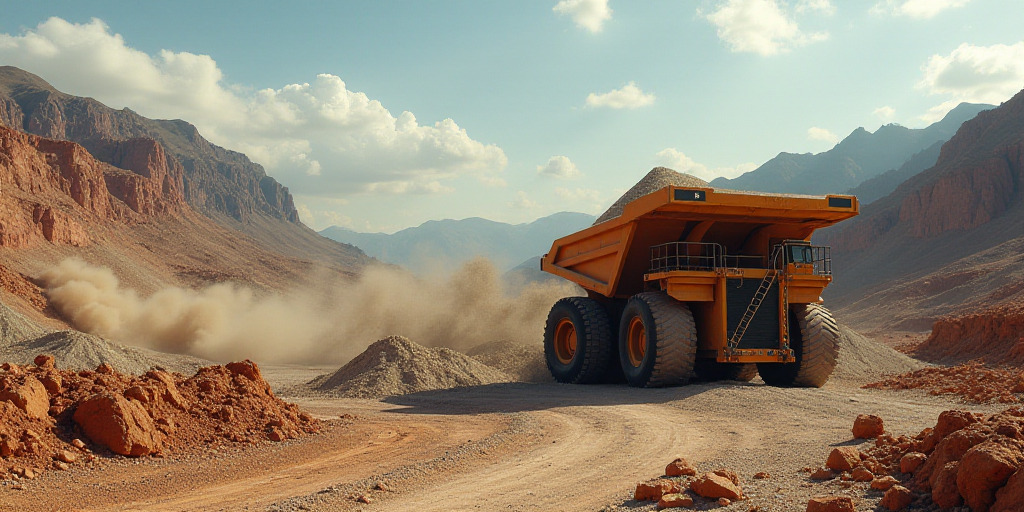 a large truck is dumping gravel into a pit at a quarry in the mountainside of a city, california, Al