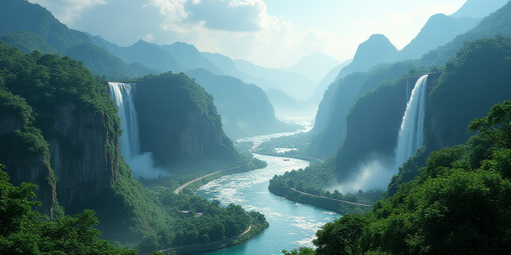 a large waterfall is in the middle of a river surrounded by mountains and trees, with a road running