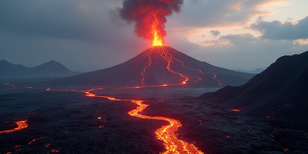 a lava flow is seen in this aerial view of a volcano in the distance, with a plume of lava rising fr