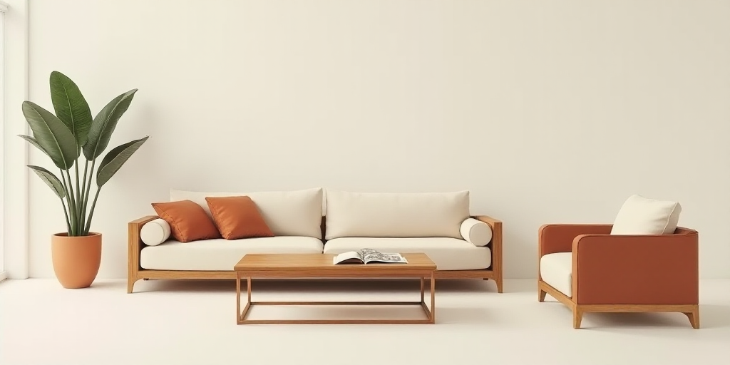 a living room with a couch, chairs, and a coffee table in it with a plant in the corner, Enguerrand