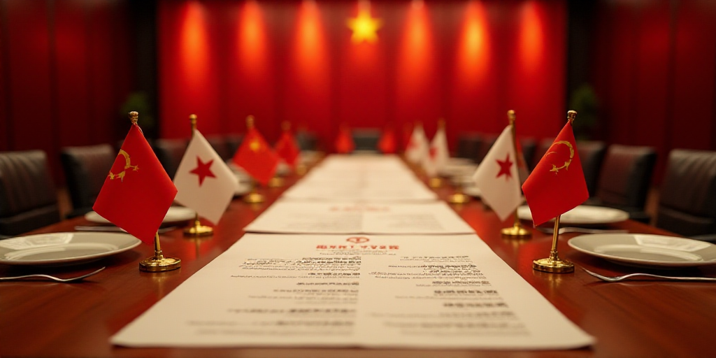 a long table with flags and other decorations on it's sides and a menu in the middle of the table, C