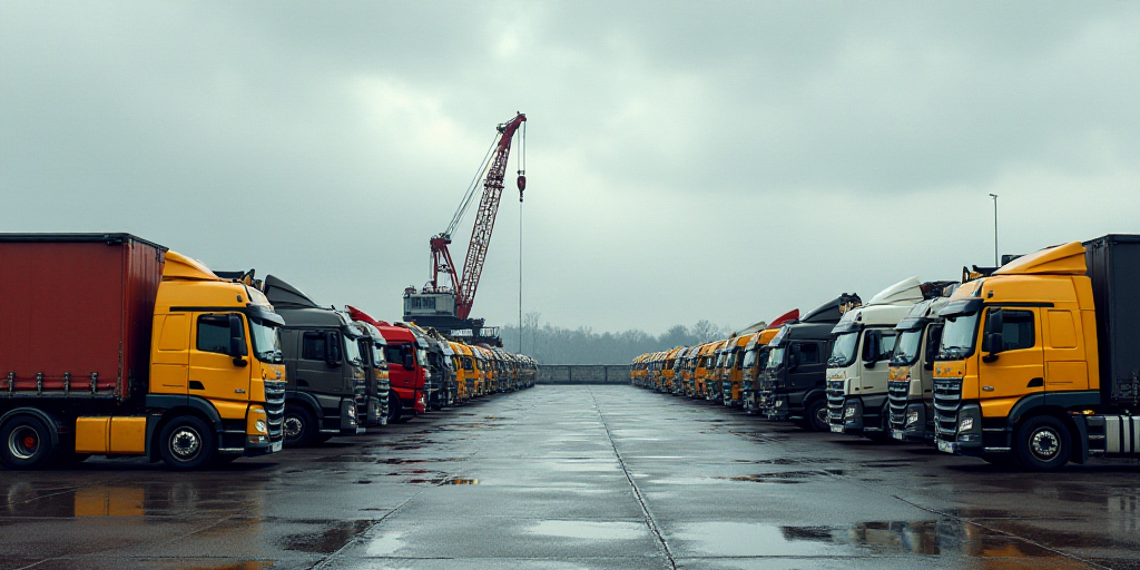 a lot of cars parked in a lot with a crane in the background and a lot of trucks in the foreground,