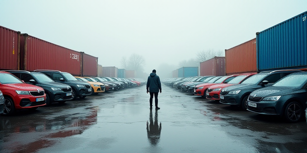 a lot of cars that are parked in a lot with shipping containers in the background and a person stand