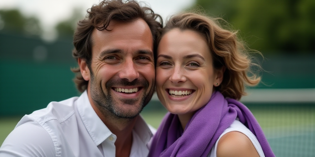 a man and a woman are smiling together at a tennis match, one of them is wearing a purple scarf, Cel