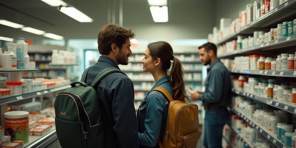 a man and a woman are standing in a pharmacy shop with a back pack on their back and a man is standi