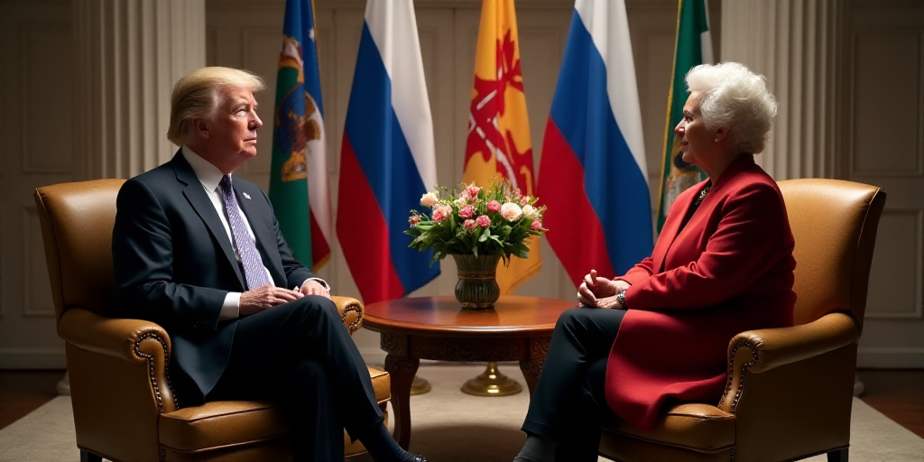 a man and a woman sitting in chairs talking to each other in front of flags and a table with a vase