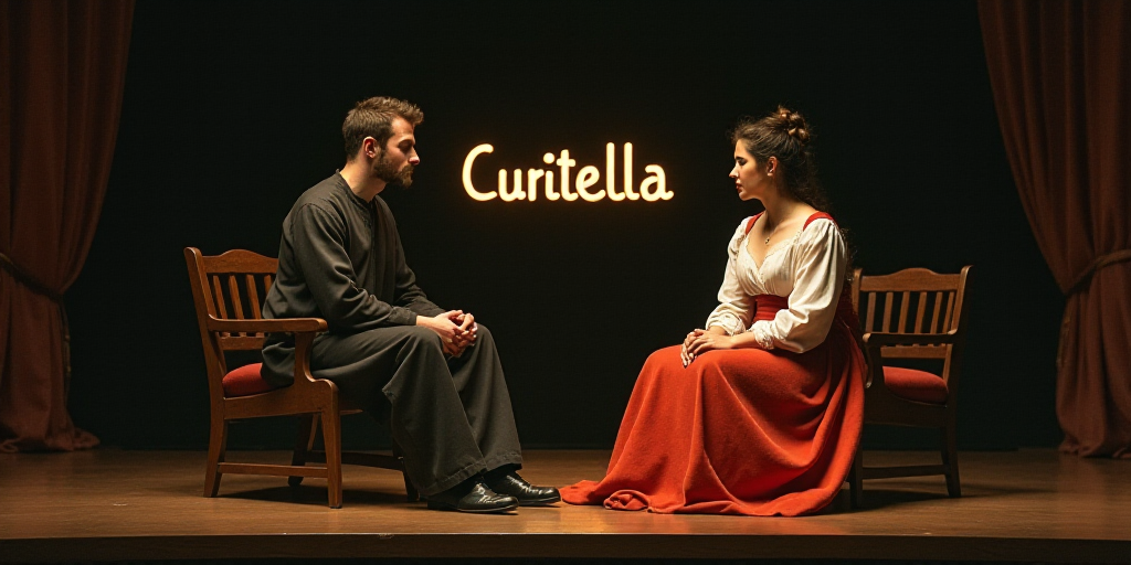 a man and a woman sitting next to each other on a stage with a sign behind them that says curitella,