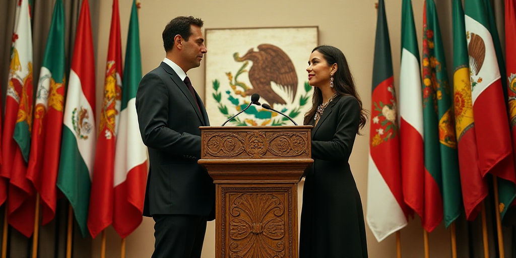 a man and a woman standing at a podium in front of flags of different countries and flags of mexico,