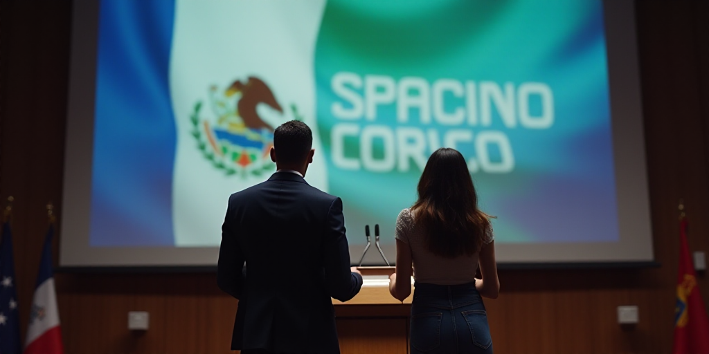 a man and a woman standing at a podium in front of a screen with a flag on it and a banner behind th