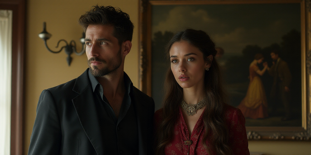 a man and a woman standing next to each other in a room with a painting on the wall behind them, Ara