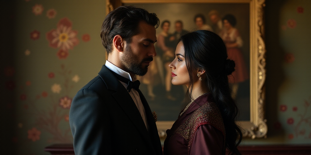 a man and a woman standing next to each other in a room with a painting on the wall behind them, Ara