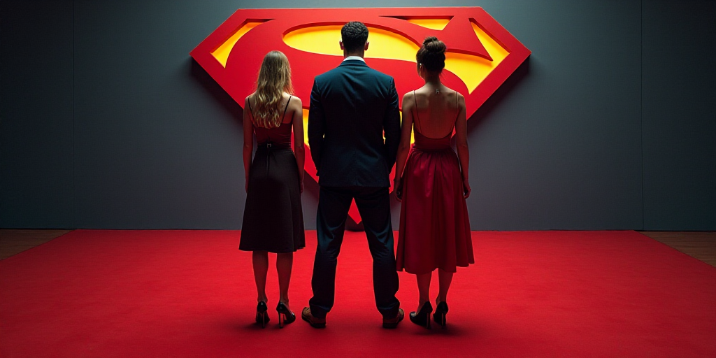 a man and two women standing next to each other on a red carpet with a superman logo on it, Bauhaus,