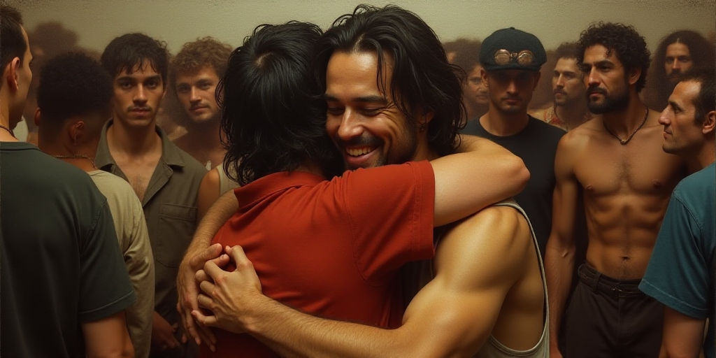 a man and woman are hugging each other in a crowd of people, one of them is wearing a red shirt, Edd