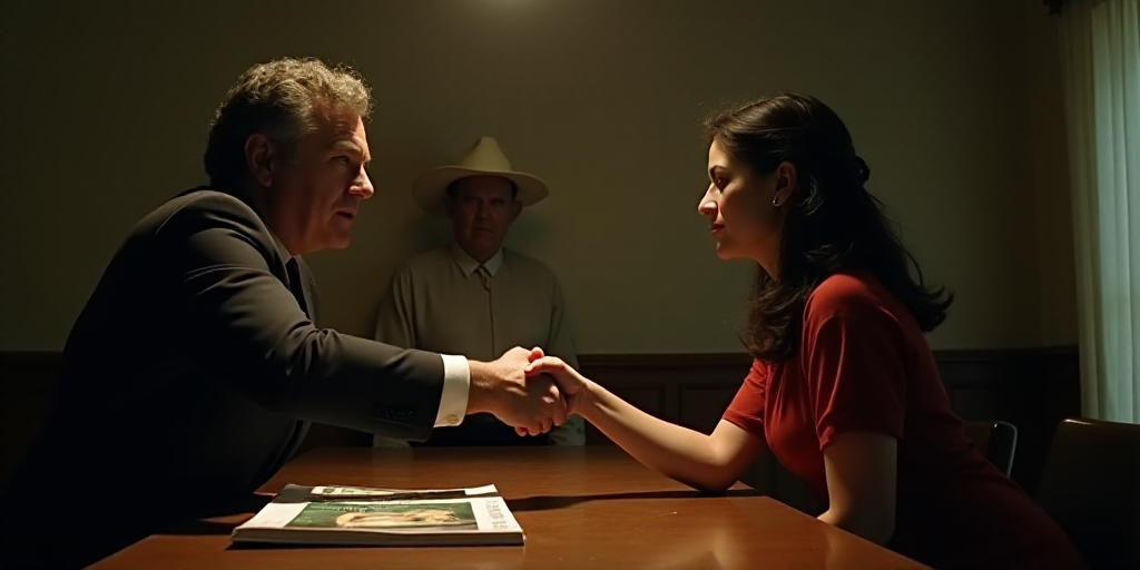 a man and woman are shaking hands at a table with a magazine on it and a man in a white hat is stand