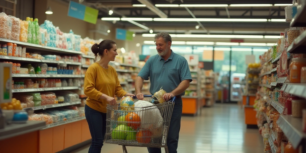 a man and woman are shopping in a grocery store with bags of groceries in the cart and a checkout co
