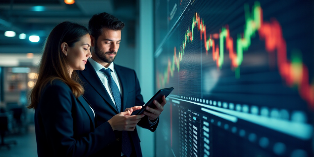a man and woman looking at a tablet screen in a stock market with a man in a suit and tie, Andries S