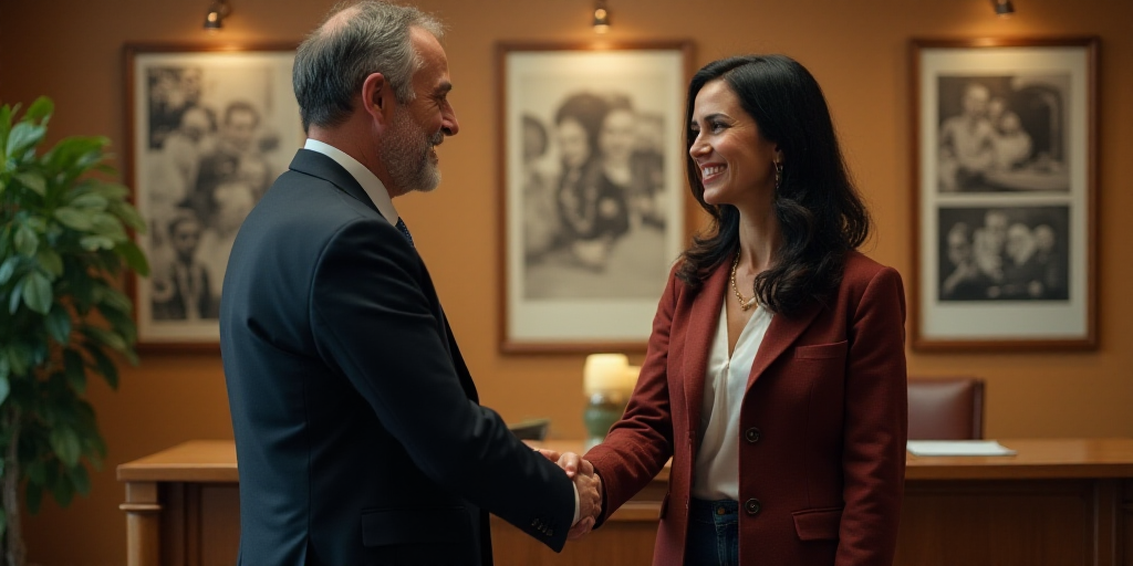 a man and woman shaking hands in a room with pictures on the wall behind them and a man in a suit an