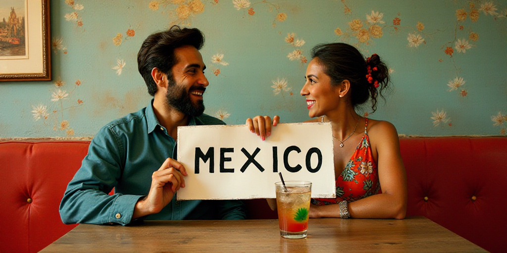 a man and woman sitting at a table holding a sign that says mexico on it and a drink in front of the