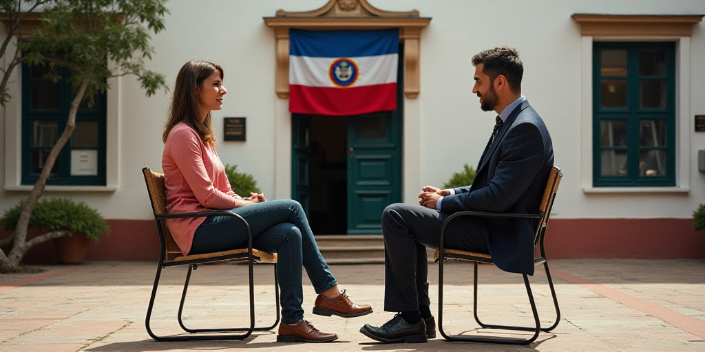 a man and woman sitting in chairs talking to each other in front of a building with flags and banner