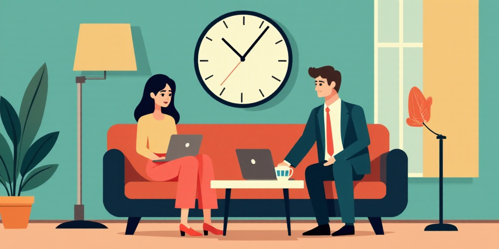 a man and woman sitting on a couch with a clock and laptop in front of them, and a man in a suit and