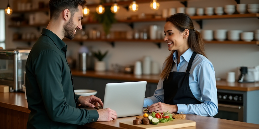 a man and woman standing in front of a counter with a laptop computer on it and a tray of food, Bour