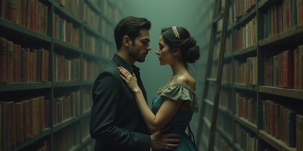 a man and woman standing next to each other in front of a book shelf with books on it and a ladder b
