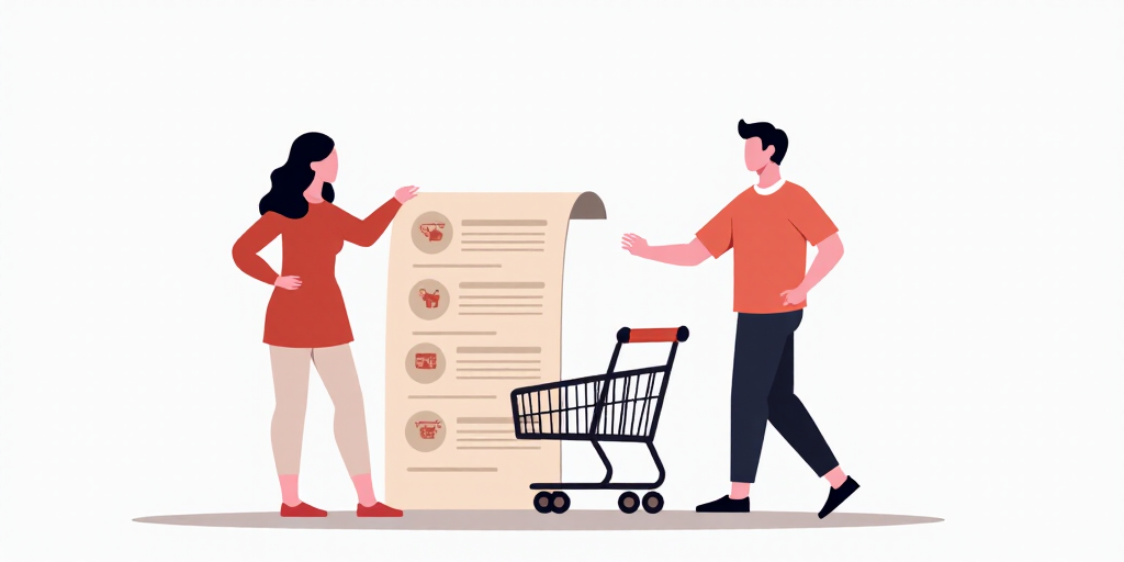 a man and woman standing next to a document with icons of renta and renta on it and a shopping cart,