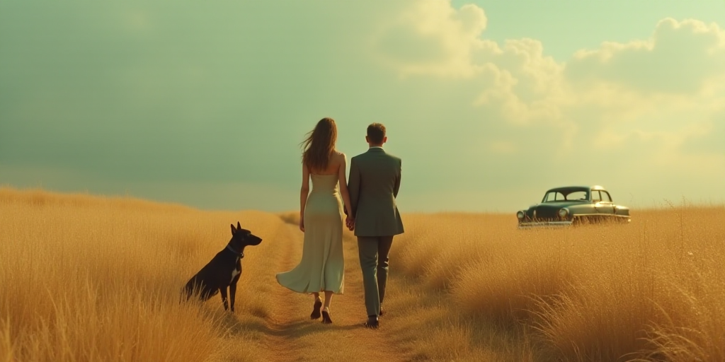 a man and woman walking in a field with a dog in the background and a car in the background, Araceli