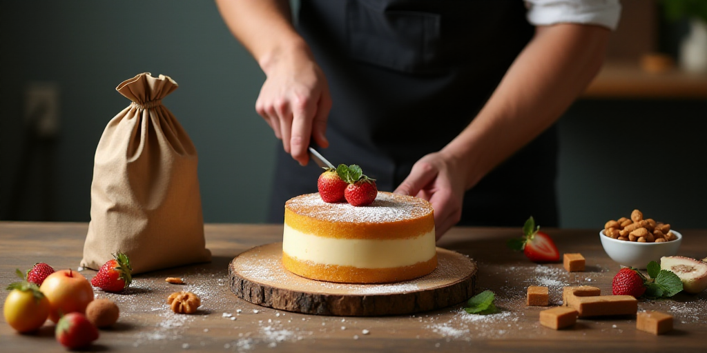a man cutting a cake on a wooden table with a knife and a bag of fruit on it and a bag of nuts, Cefe