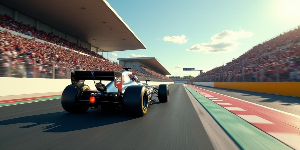 a man driving a race car on a track with a crowd watching from the stands behind him and a crowd of