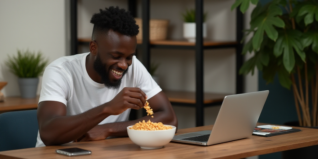 a man eating cereal while using a laptop computer at a table with a bowl of cereal in front of him,