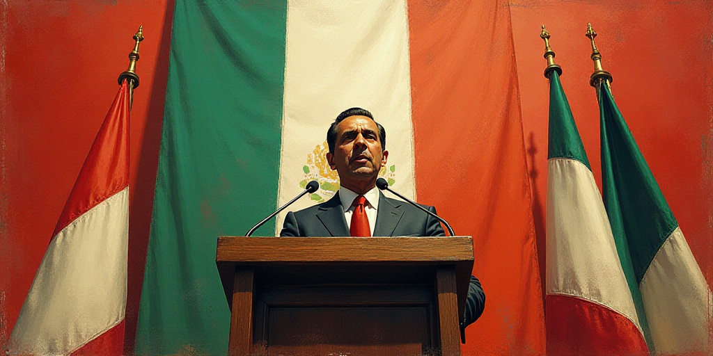 a man giving a speech at a podium with flags behind him and a mexican flag behind him with a mexican