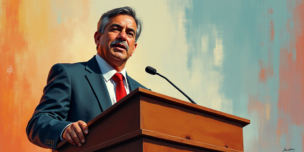 a man giving a speech at a podium with a microphone in front of him and a sign behind him, Carlos En