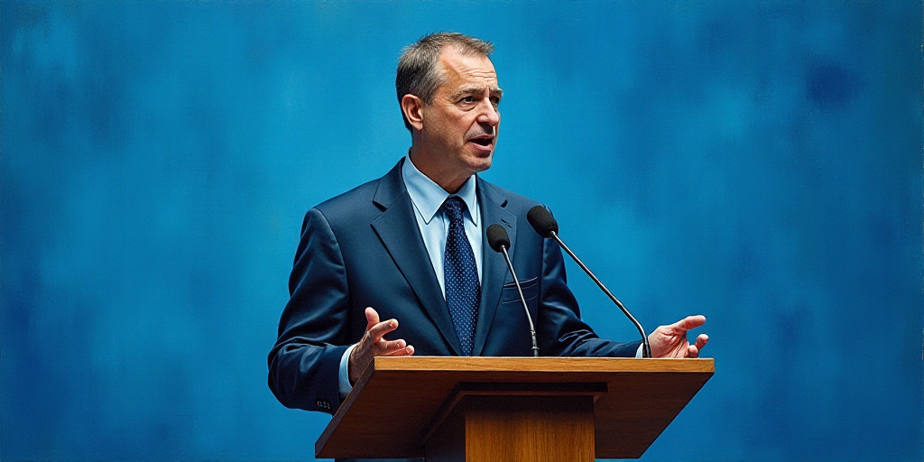 a man giving a speech at a podium with a microphone in front of him and a blue background behind him