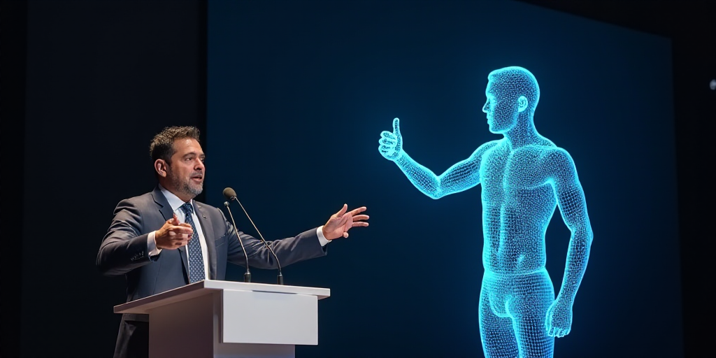 a man giving a thumbs up while standing at a podium with a microphone in front of him and a sign beh