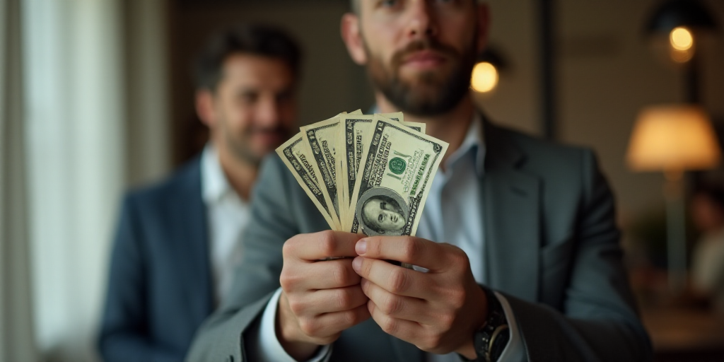 a man holding a bunch of money in his hand while another man looks on in the background with a calcu