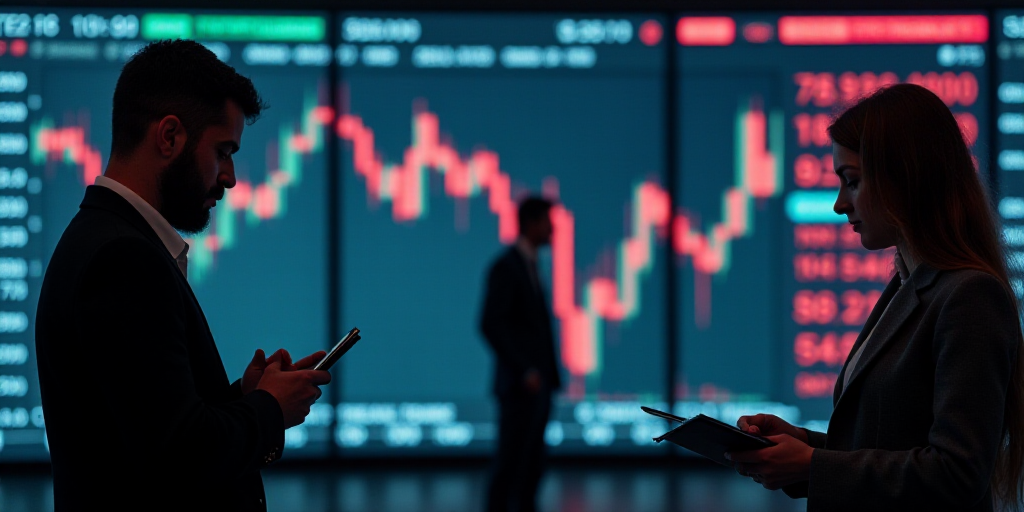 a man holding a cell phone in front of a stock market board with a woman looking at it and another w
