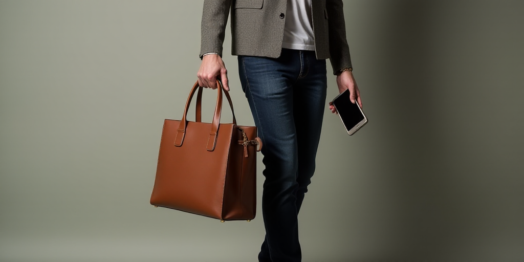 a man holding a cell phone in his hand and a brown bag in his other hand, with a handbag in the othe