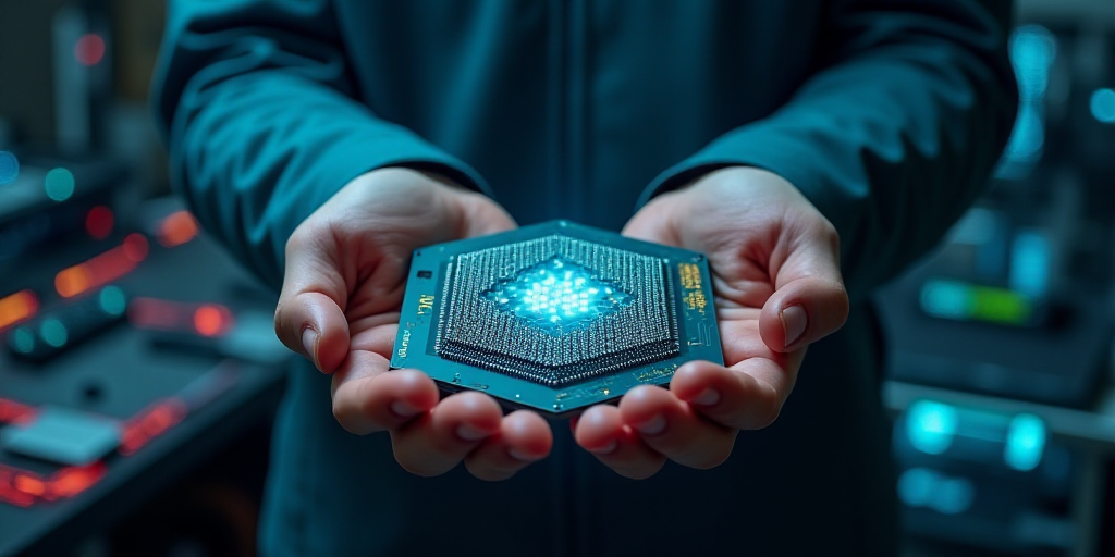 a man holding a computer processor in his hands and a laptop in the background with a lot of other e