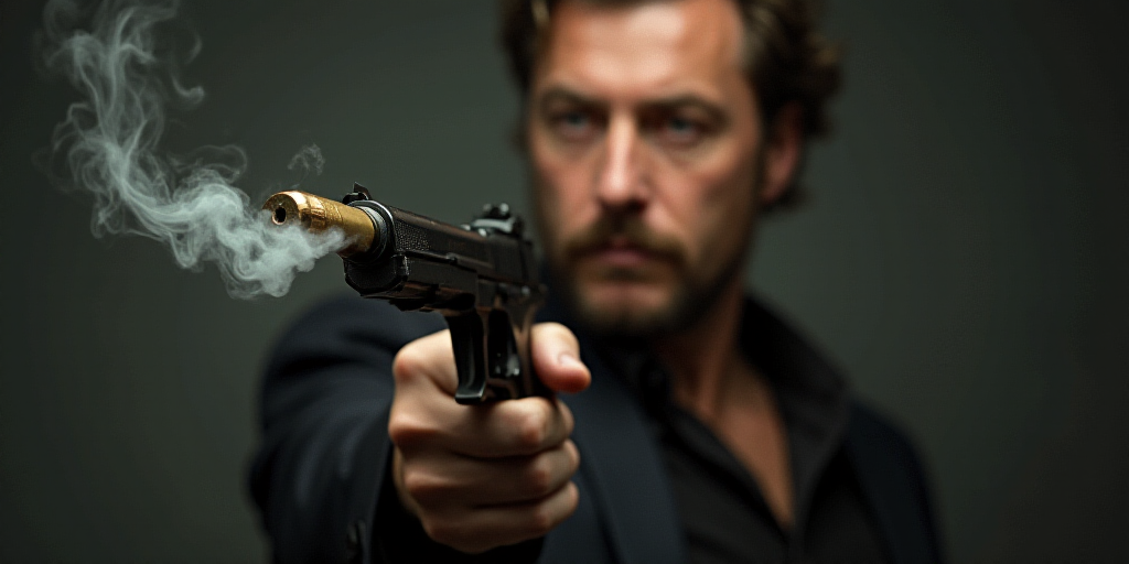 a man holding a gun with a bullet in it's mouth and a smoke billowing out of it, Dahlov Ipcar, 100mm
