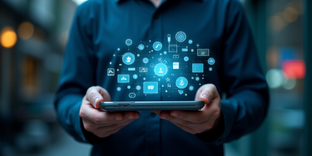 a man holding a laptop computer and a cell phone in his hands with a lot of icons on the screen, And