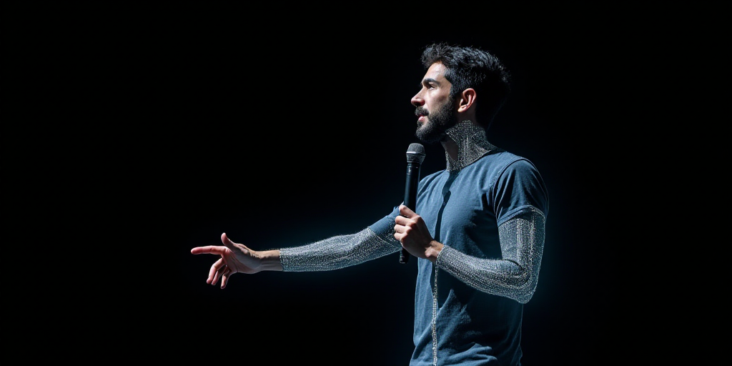 a man holding a microphone in his right hand and pointing to the side with his right hand and a blac