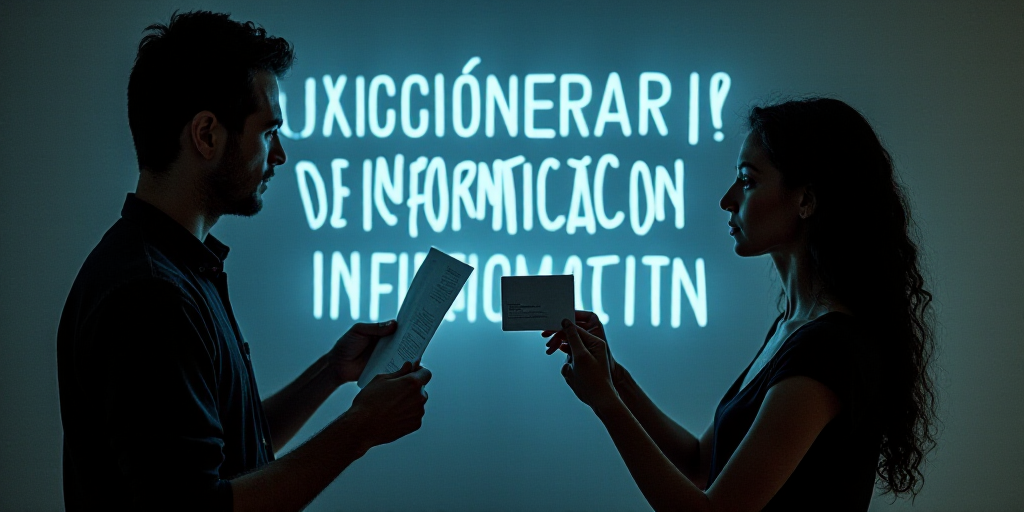 a man holding a paper and a woman holding a card in front of a sign that says, execcioneriaria de in