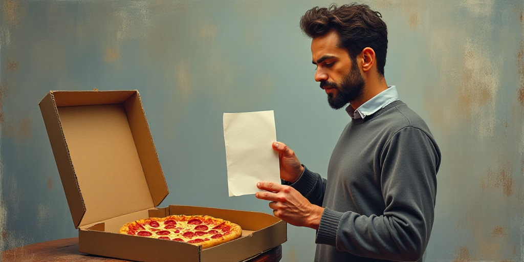 a man holding a piece of paper in his hand while standing next to a box of pizzas and a man in a gra